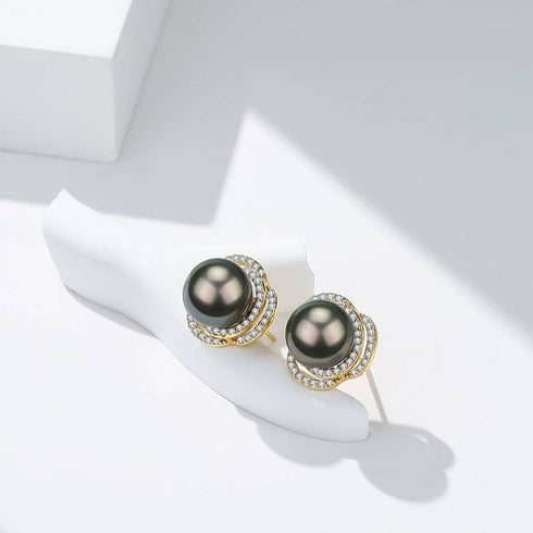Tahitian South Sea Pearl 9-10mm & CZ Rose Earrings Sterling Silver - House Of Pearls